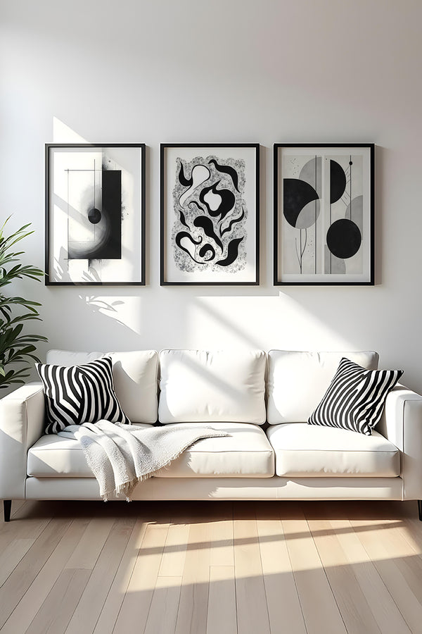 Soyut Desenli Siyah-Beyaz Tablo Seti - Modern 3’lü Set | huhu425