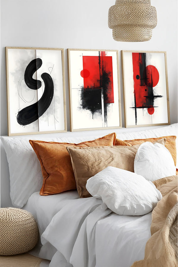 Soyut Desenli Kırmızı ve Siyah Tablo Seti - 3’lü Set | huhu444