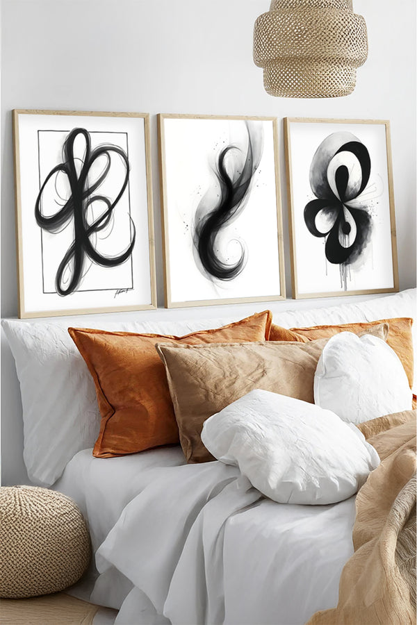 Soyut Siyah Beyaz Tablo Seti - Modern 3’lü Set | huhu430