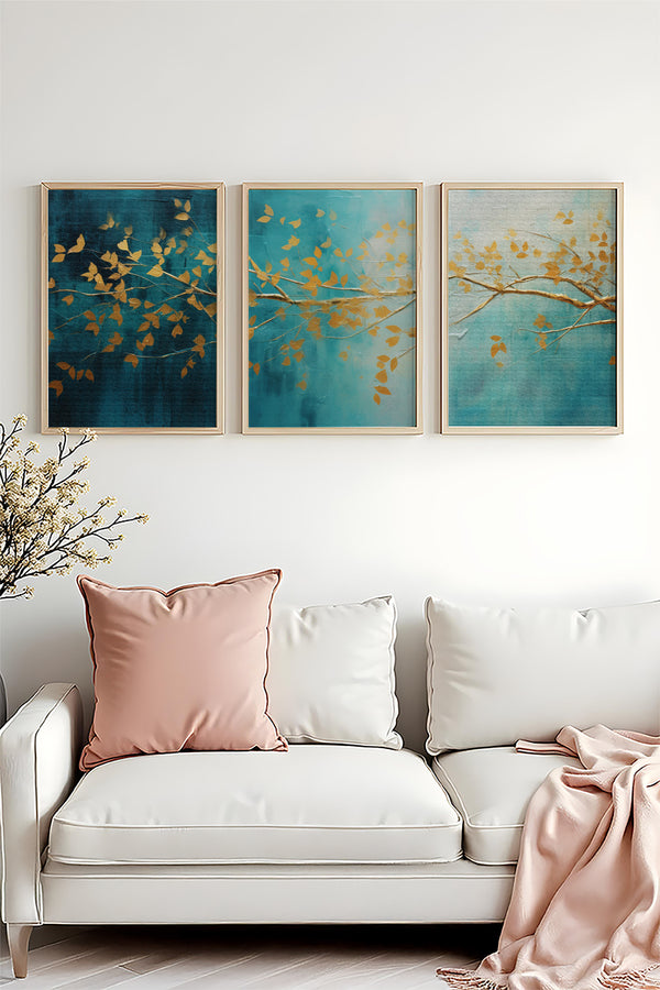 Soyut Yaprak Desenli Tablo Seti - Modern 3’lü Set | huhu485