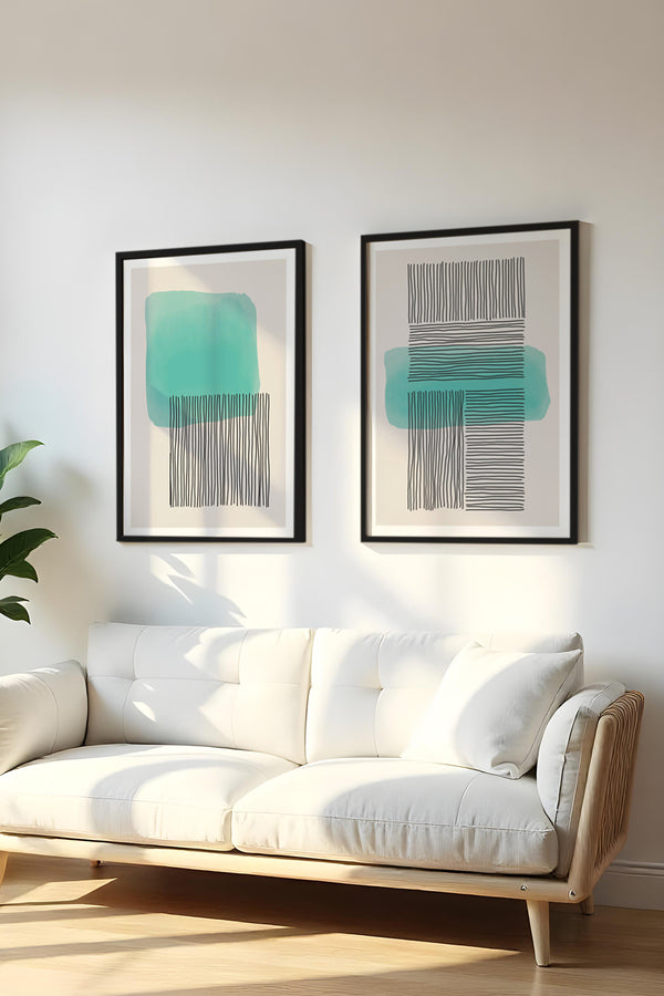 Soyut Desenli Turkuaz Tablo Seti - Modern 2’li Set | huhu140