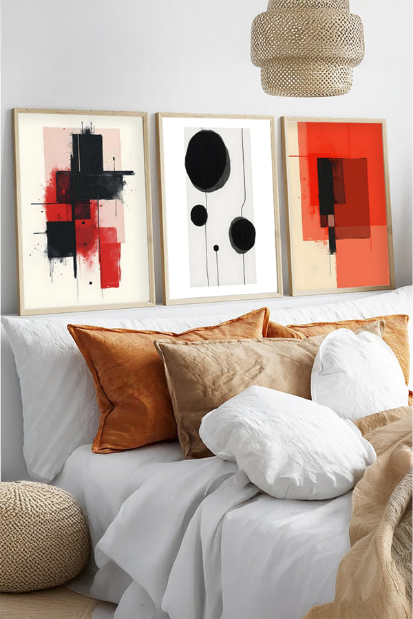Soyut Desenli Kırmızı ve Siyah Tablo Seti - Modern 3’lü Set | huhu429