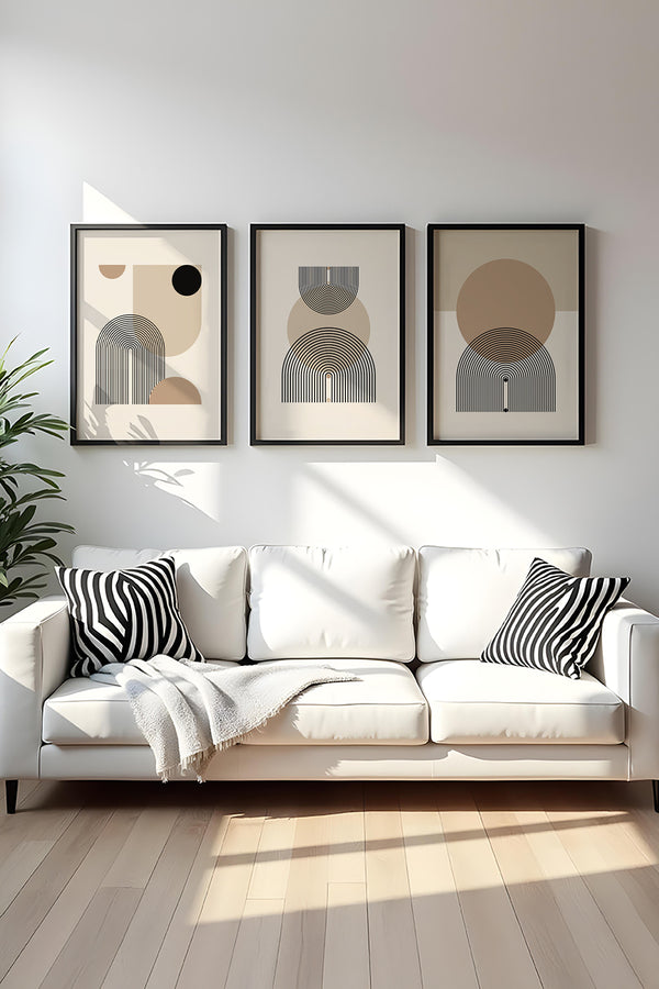 Geometrik Desenli Bej Tablo Seti - Modern 3’lü Set | huhu263