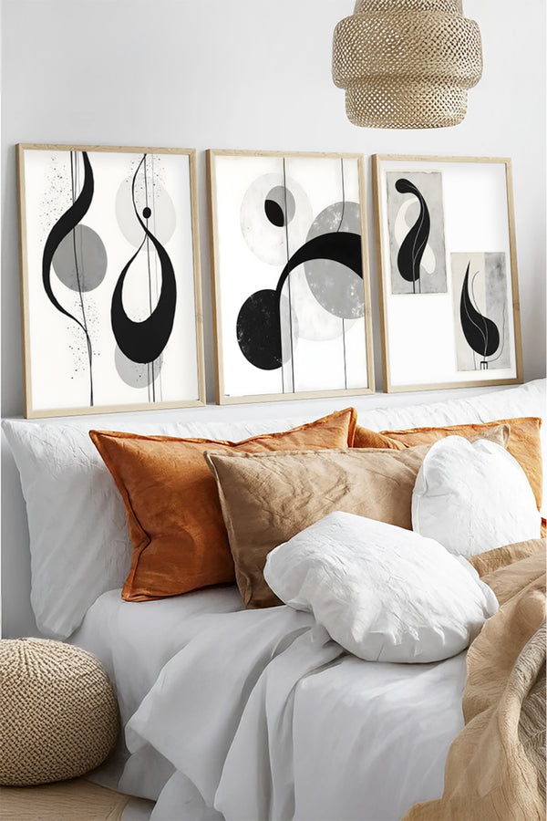 Soyut Desenli Siyah-Beyaz Tablo Seti - Modern 3’lü Set | huhu437
