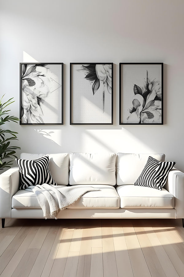 Siyah Beyaz Çiçek Desenli Tablo Seti - Modern 3’lü Set | huhu479