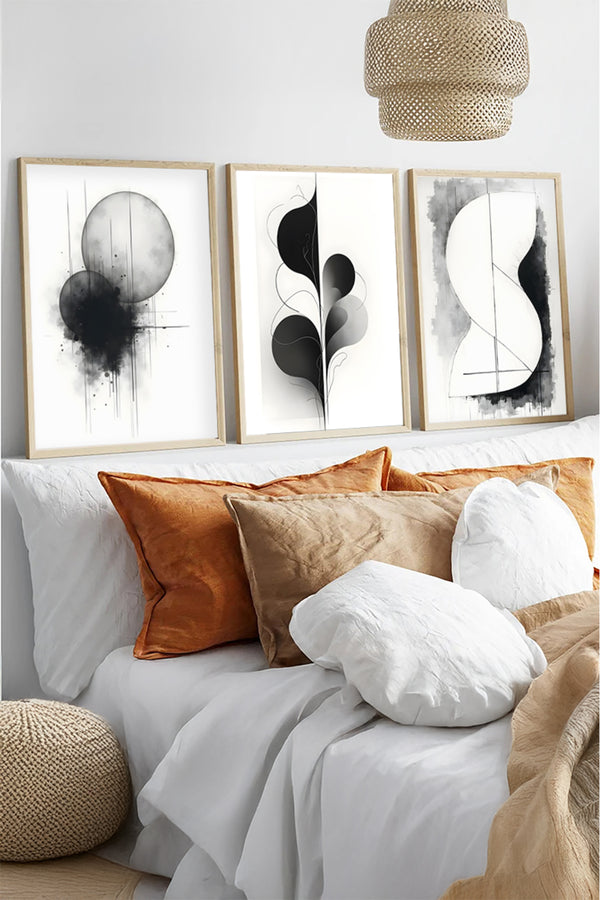 Geometrik Desenli Siyah-Beyaz Tablo Seti - Modern 3’lü Set | huhu436