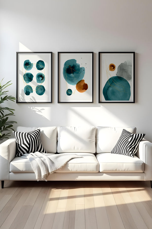 Soyut Desenli Mavi Tablo Seti - Modern 3’lü Set | huhu117