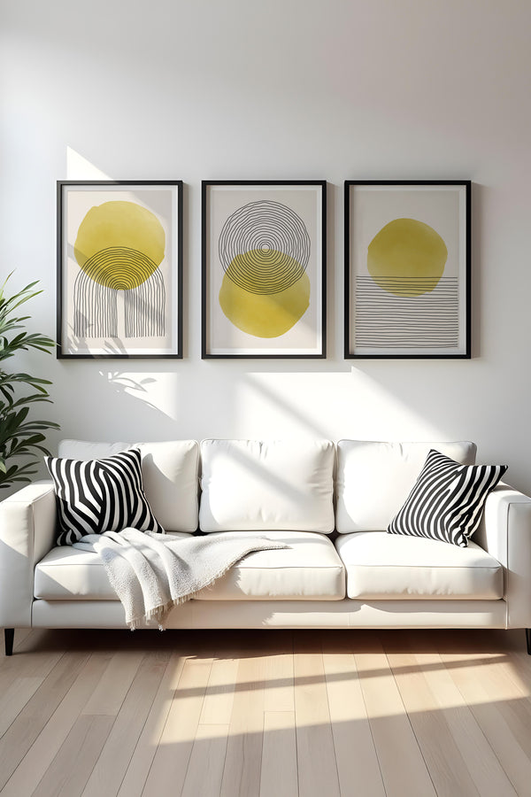 Geometrik Desenli Sarı Tablo Seti - Modern 3’lü Set | huhu144