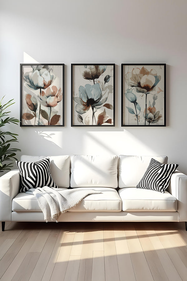 Çiçek Desenli Modern Tablo Seti - 3’lü Set | huhu478