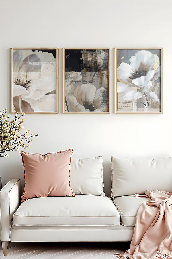 Soyut Çiçek Desenli Tablo Seti - Modern 3’lü Set | huhu480