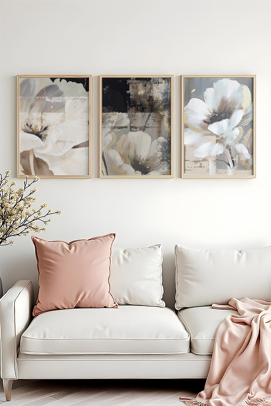 Soyut Çiçek Desenli Tablo Seti - Modern 3’lü Set | huhu480