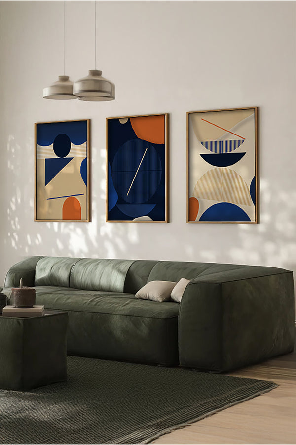 Geometrik Desenli Mavi ve Turuncu Tablo Seti - Modern 3’lü Set | huhu101