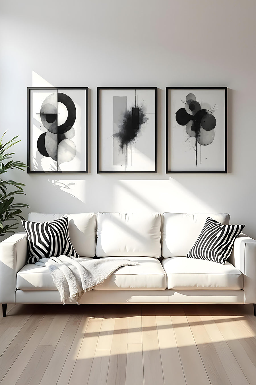 Soyut Desenli Siyah-Beyaz Tablo Seti - Modern 3’lü Set | huhu434