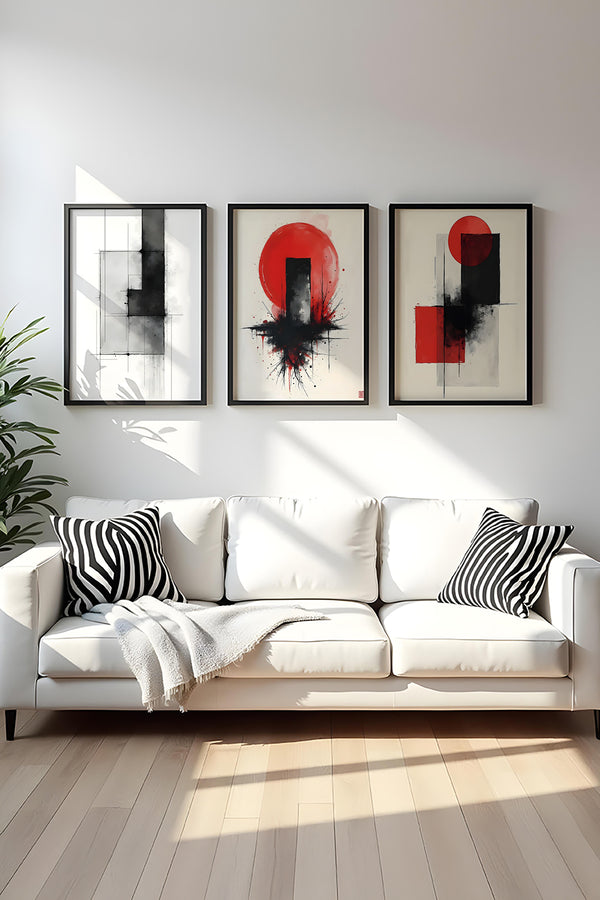 Soyut Desenli Kırmızı ve Siyah Tablo Seti - Modern 3’lü Set | huhu443