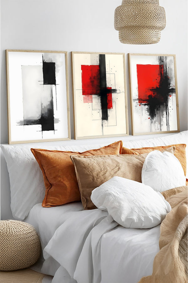 Soyut Desenli Kırmızı ve Siyah Tablo Seti - Modern 3’lü Set | huhu442