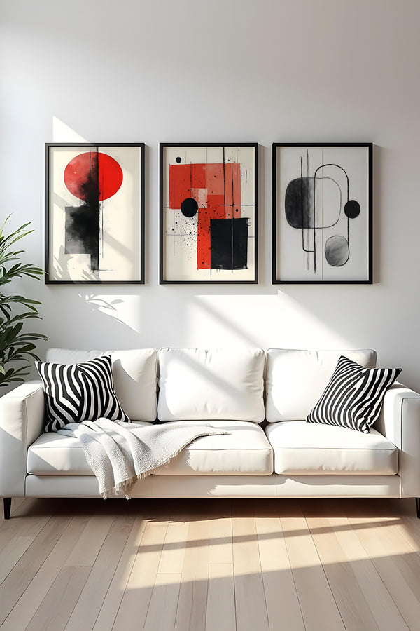 Soyut Desenli Kırmızı ve Siyah Tablo Seti - Modern 3’lü Set | huhu439