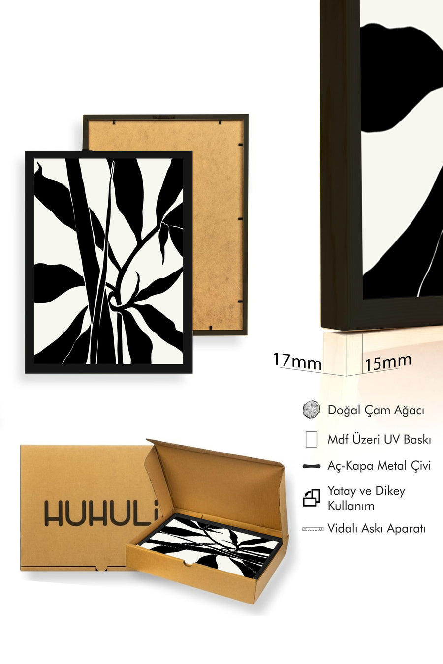 Doğal Ahşap Çerçeveli Minimal Yaprak Desenli Tablo - Siyah-Beyaz | huhu1324