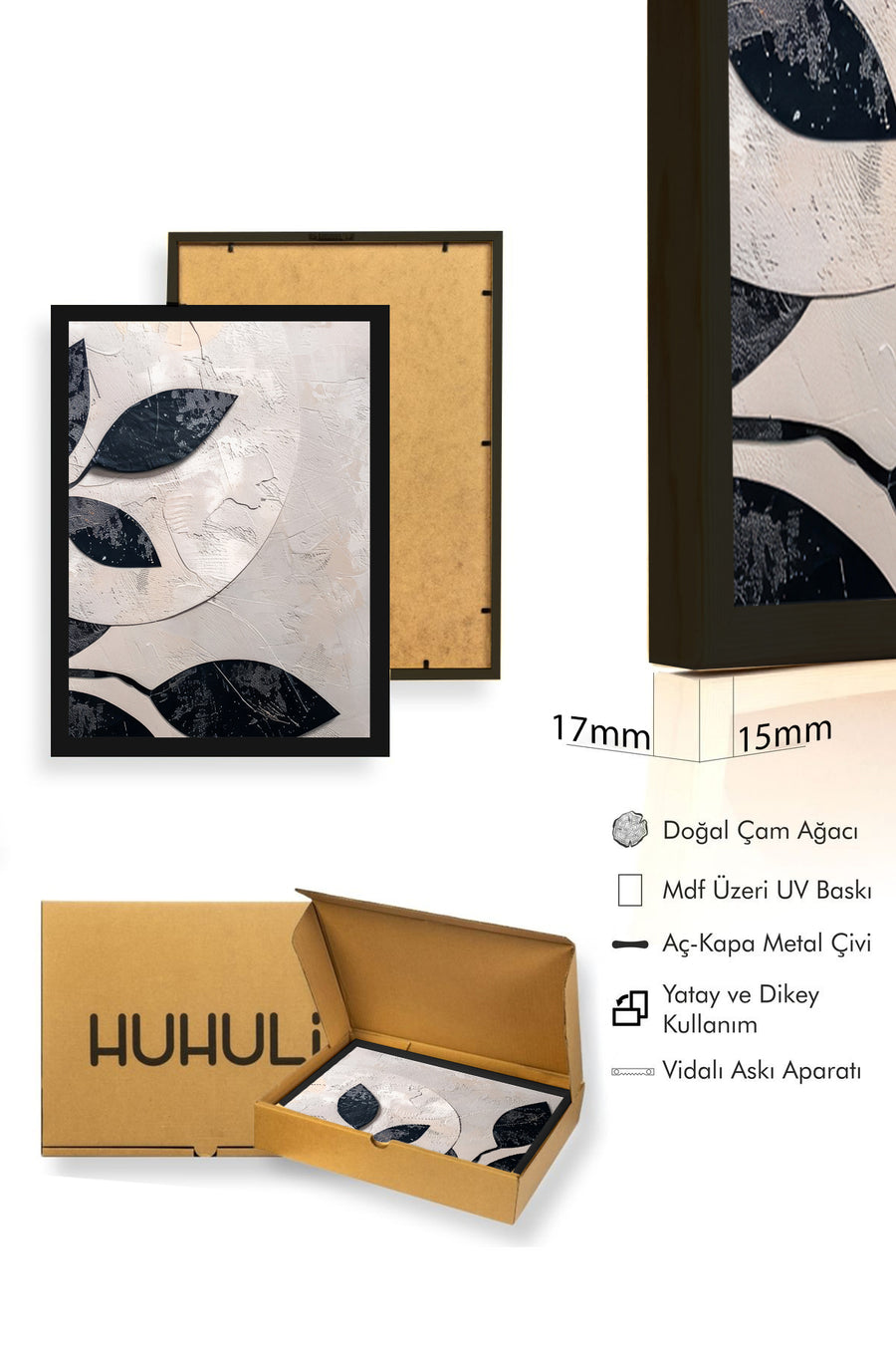 Doğal Ahşap Çerçeveli Minimal Yaprak Desenli Tablo - Pastel | huhu1282