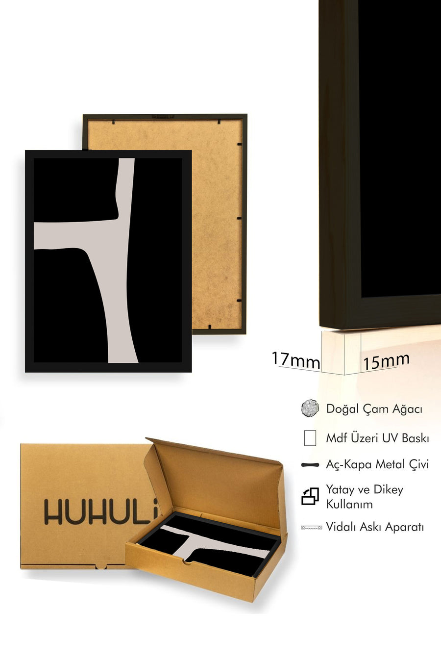 Doğal Ahşap Çerçeveli Minimal Soyut Desenli Tablo - Bej-Siyah | huhu1070