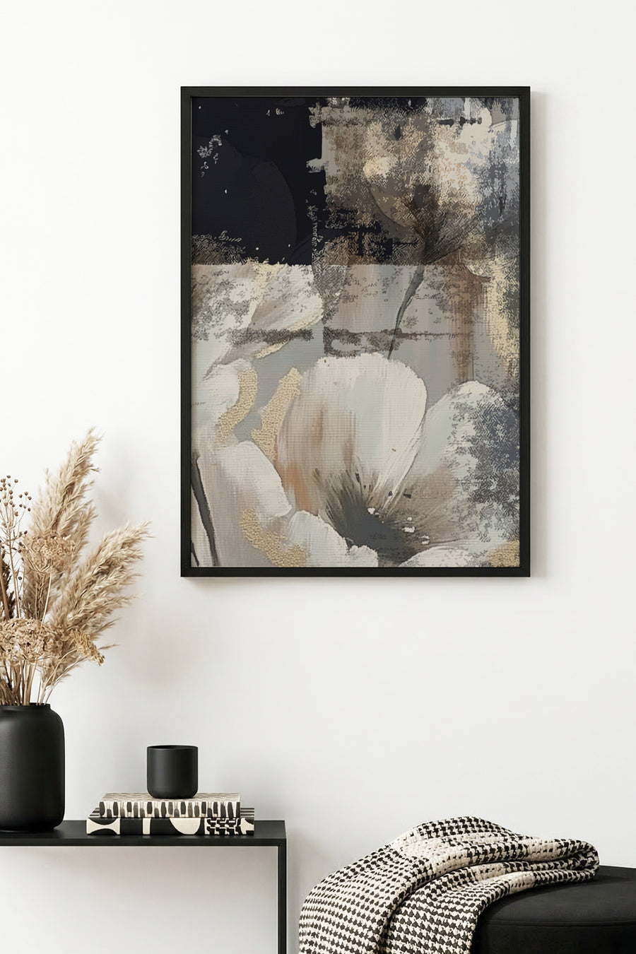 Doğal Ahşap Çerçeveli Soyut Çiçek Desenli Tablo - Pastel Tonlar | huhu1318