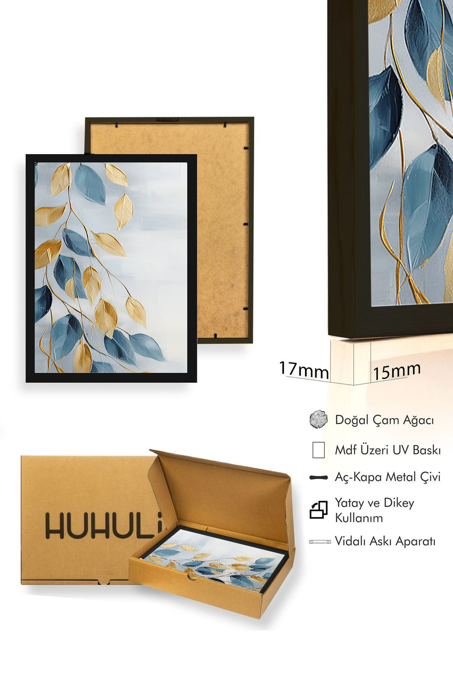Doğal Ahşap Çerçeveli Yaprak Desenli Tablo - Mavi ve Altın | huhu1305