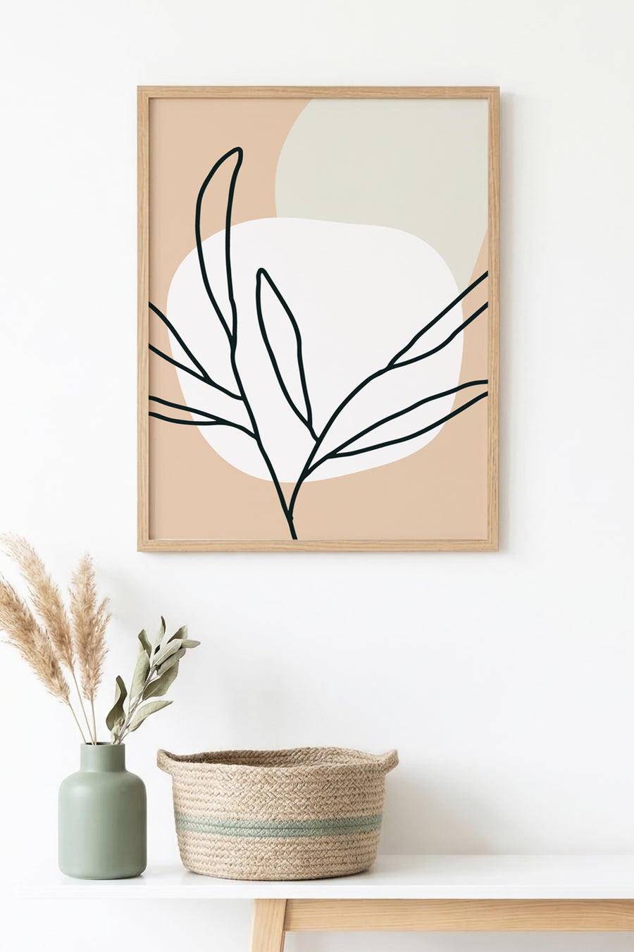 Doğal Ahşap Çerçeveli Minimal Yaprak Desenli Tablo - Pastel Tonlar | huhu1386