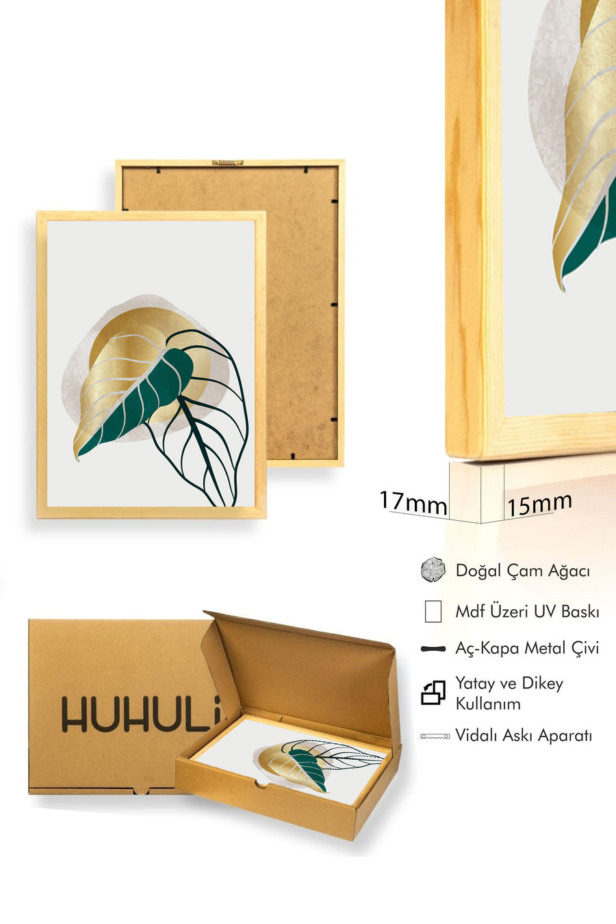 Doğal Ahşap Çerçeveli Yaprak Desenli Tablo - Minimal | huhu1399