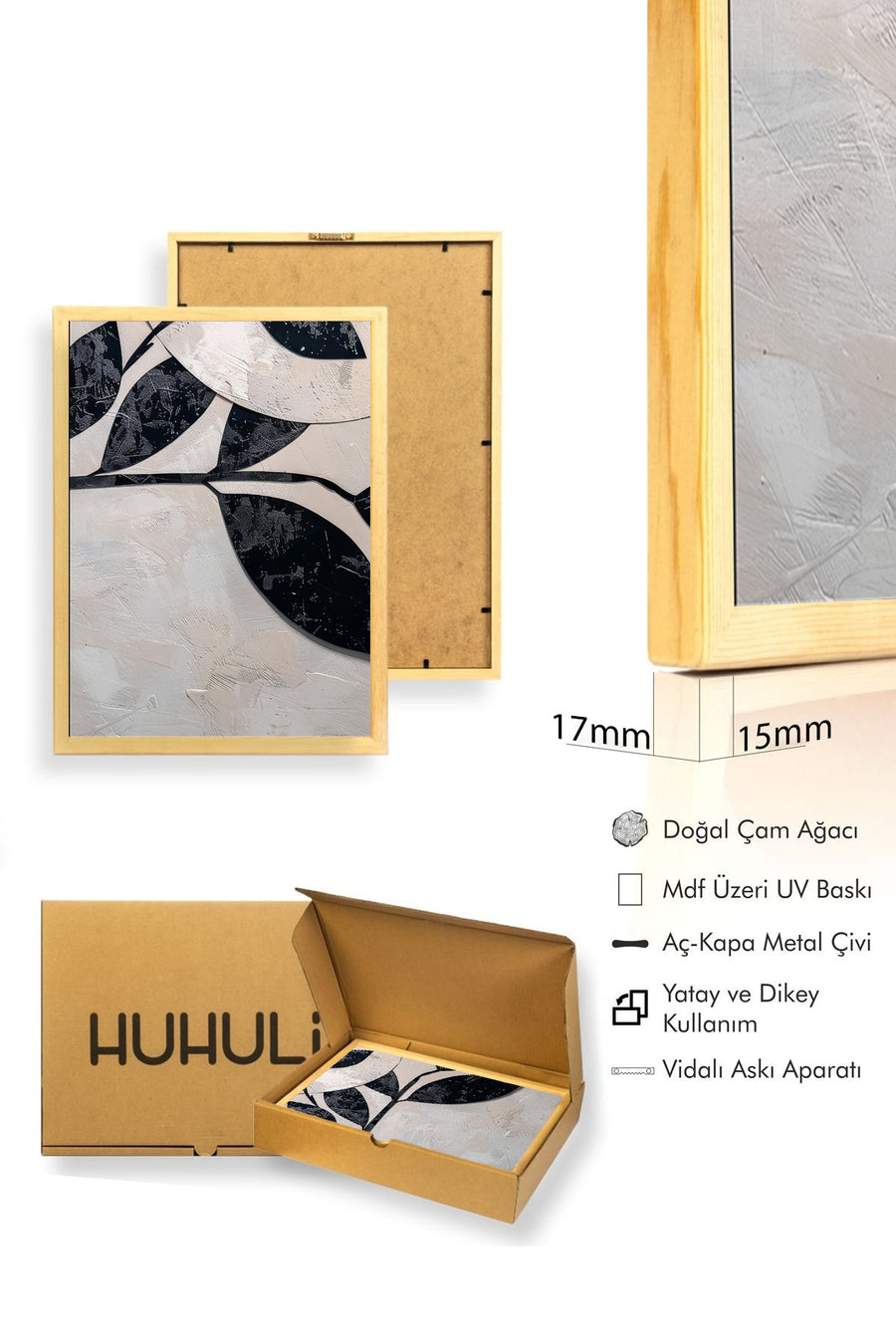Doğal Ahşap Çerçeveli Minimal Yaprak Desenli Tablo - Siyah-Beyaz | huhu1279