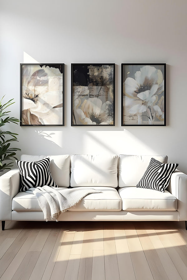 Soyut Çiçek Desenli Tablo Seti - Modern 3’lü Set | huhu480