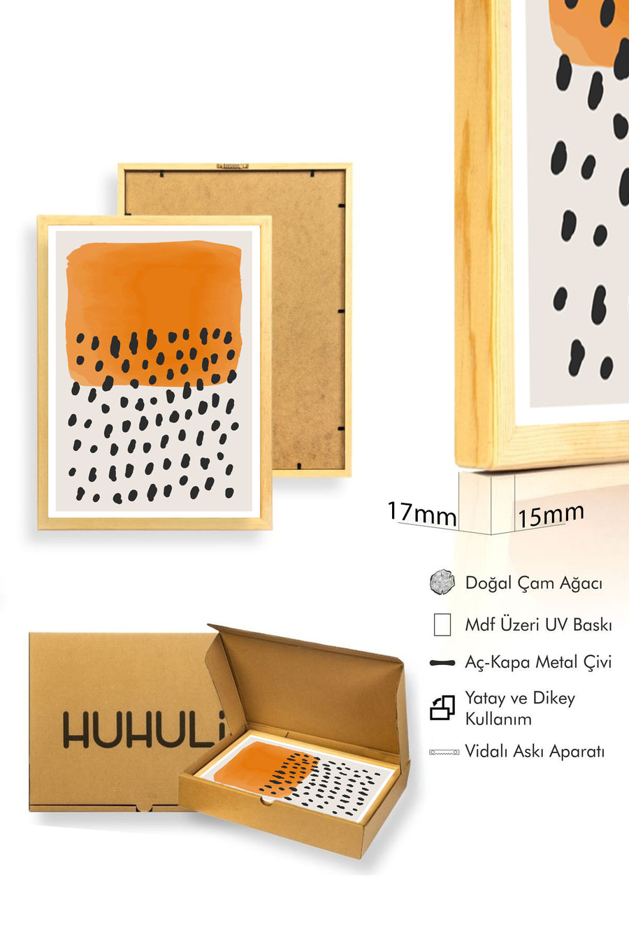 Doğal Ahşap Çerçeveli Soyut Desenli Tablo - Canlı Tonlar | huhu1546