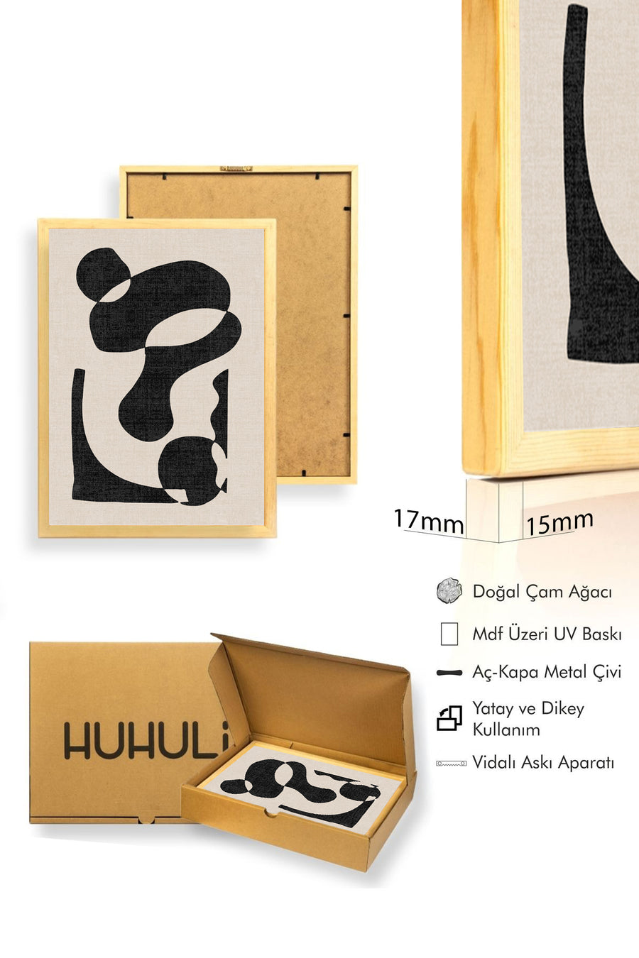 Doğal Ahşap Çerçeveli Soyut Desenli Tablo - Minimal | huhu1003