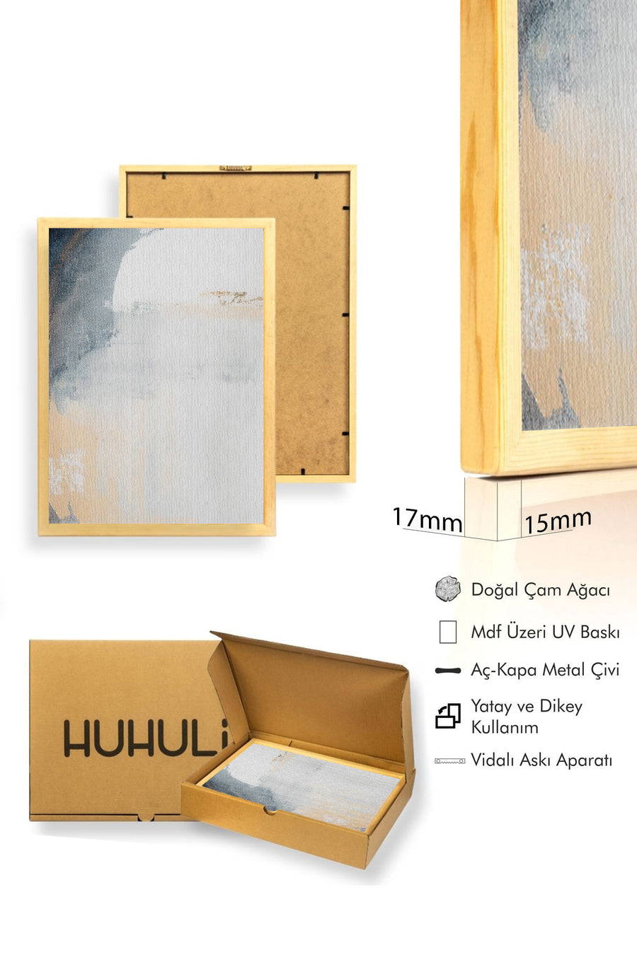 Doğal Ahşap Çerçeveli Soyut Desenli Tablo - Pastel Tonlar | huhu1331