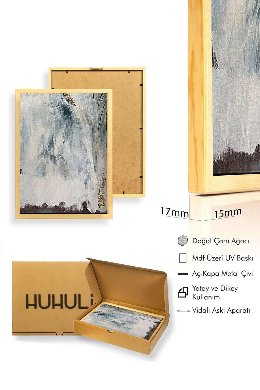 Doğal Ahşap Çerçeveli Soyut Desenli Tablo - Mavi-Beyaz | huhu1309