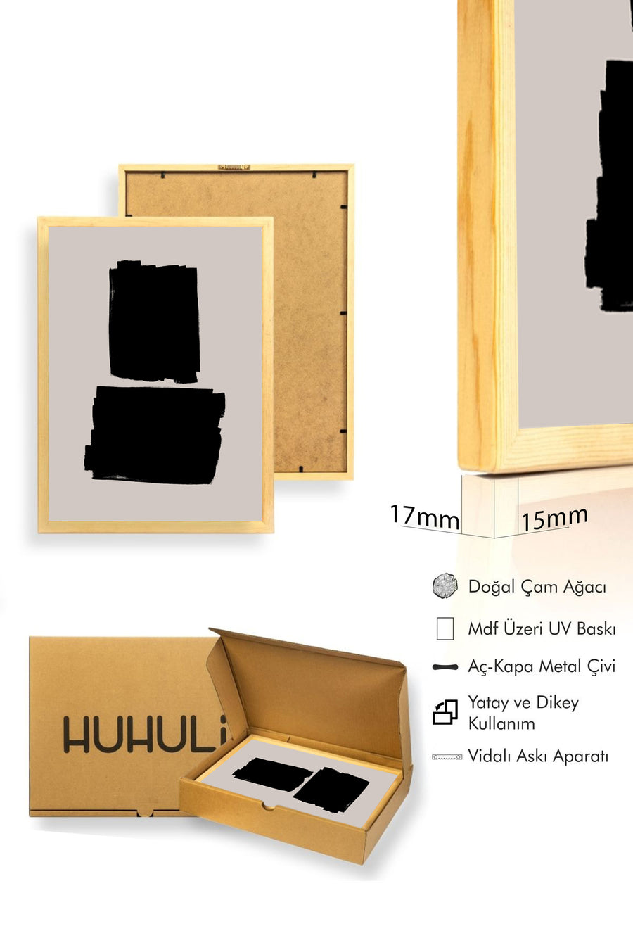 Doğal Ahşap Çerçeveli Soyut Siyah Desenli Tablo - Minimal | huhu1071