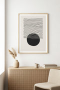 Doğal Ahşap Çerçeveli Minimal Geometrik Desenli Tablo - Siyah-Beyaz | huhu1035