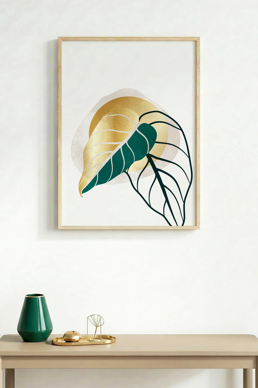 Doğal Ahşap Çerçeveli Yaprak Desenli Tablo - Minimal | huhu1399
