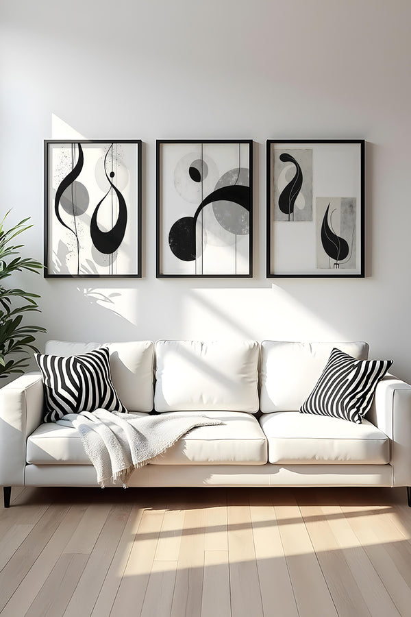 Soyut Desenli Siyah-Beyaz Tablo Seti - Modern 3’lü Set | huhu437