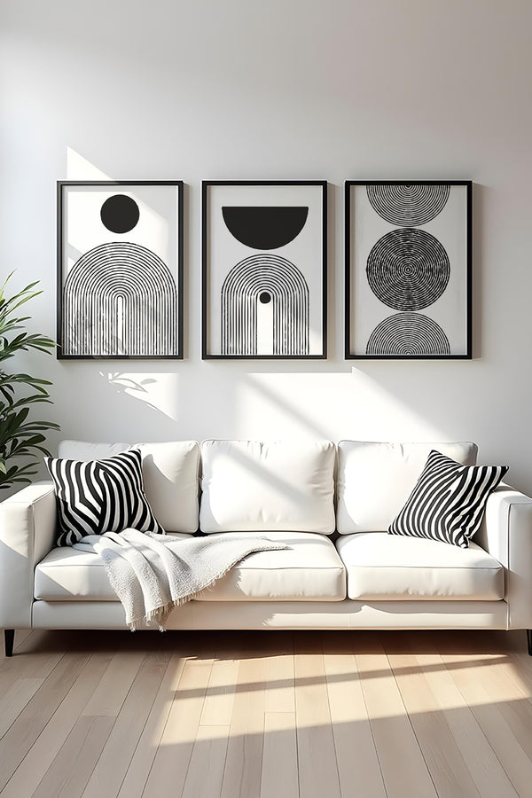 Geometrik Desenli Siyah-Beyaz Tablo Seti - Modern 3’lü Set | huhu163