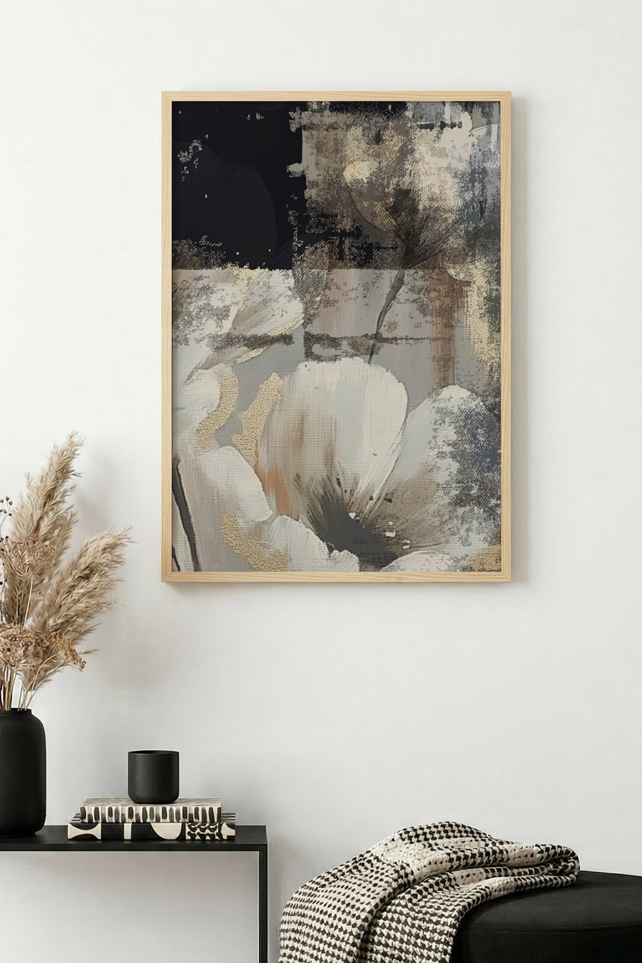 Doğal Ahşap Çerçeveli Soyut Çiçek Desenli Tablo - Pastel Tonlar | huhu1318