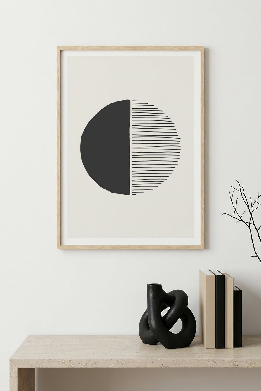 Doğal Ahşap Çerçeveli Minimal Geometrik Desenli Tablo - Pastel | huhu1559