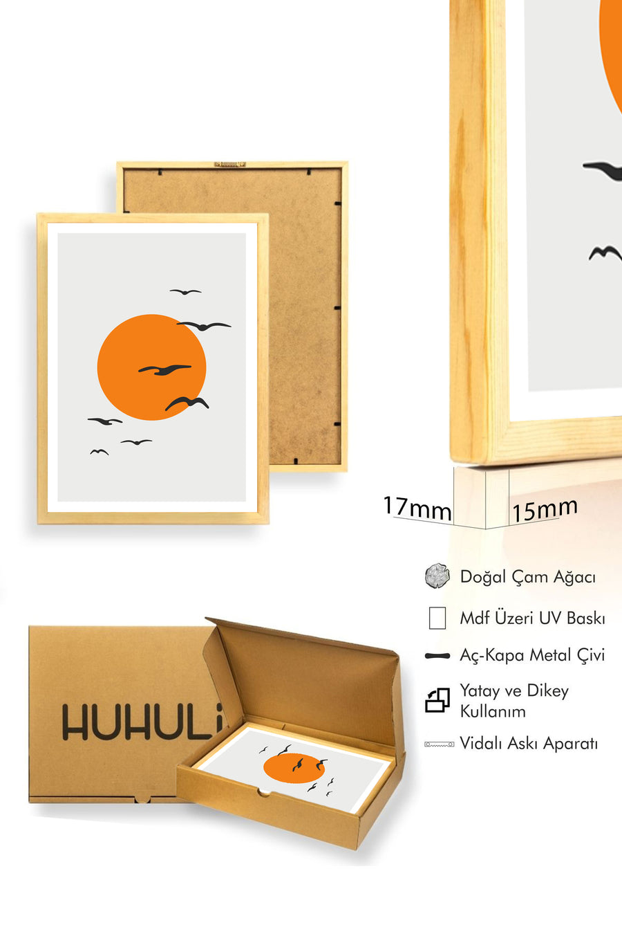 Doğal Ahşap Çerçeveli Soyut Güneş Desenli Tablo - Canlı Tonlar | huhu1061