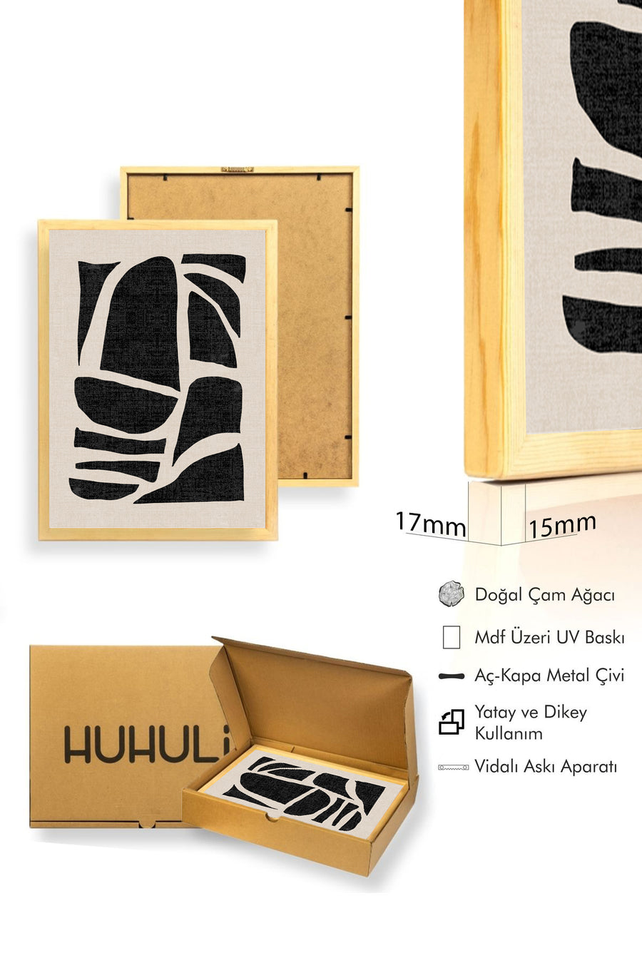 Doğal Ahşap Çerçeveli Soyut Desenli Tablo - Minimal | huhu1004