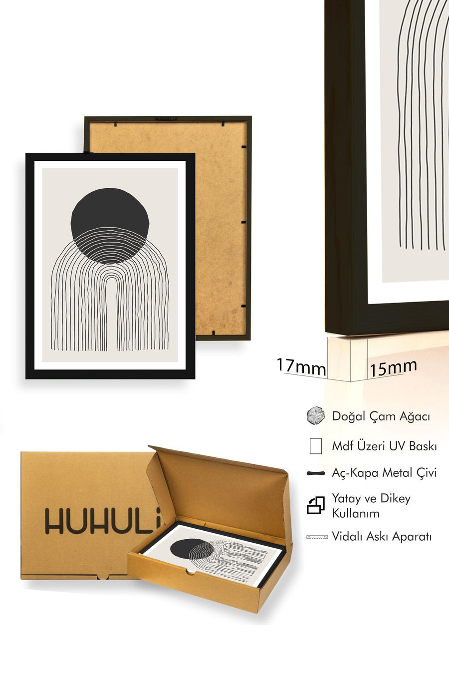 Doğal Ahşap Çerçeveli Minimalist Desenli Tablo - Soyut | huhu1033