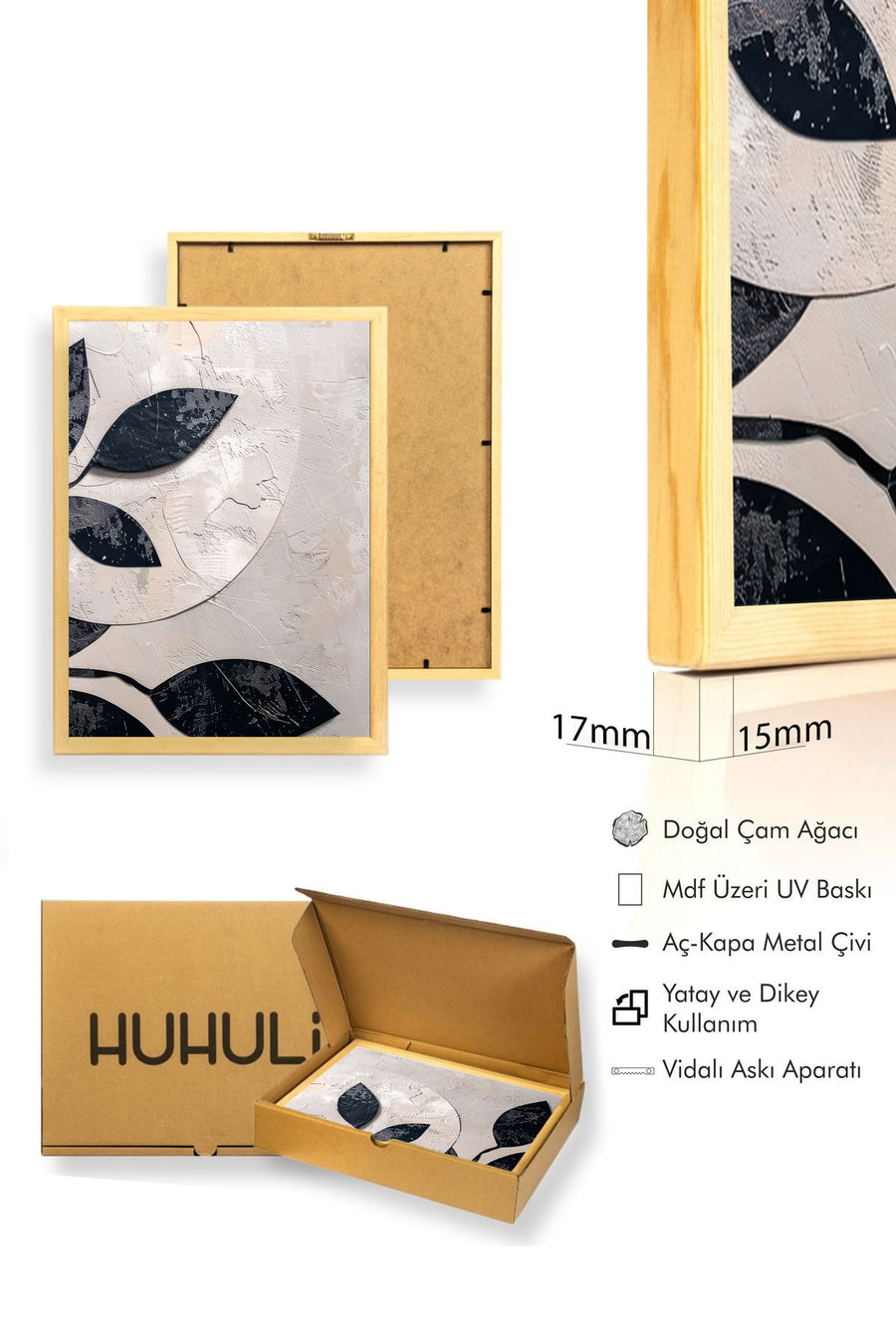 Doğal Ahşap Çerçeveli Minimal Yaprak Desenli Tablo - Pastel | huhu1282