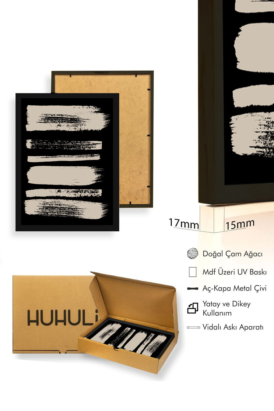 Doğal Ahşap Çerçeveli Soyut Fırça Darbeleri Desenli Tablo - Pastel | huhu1066