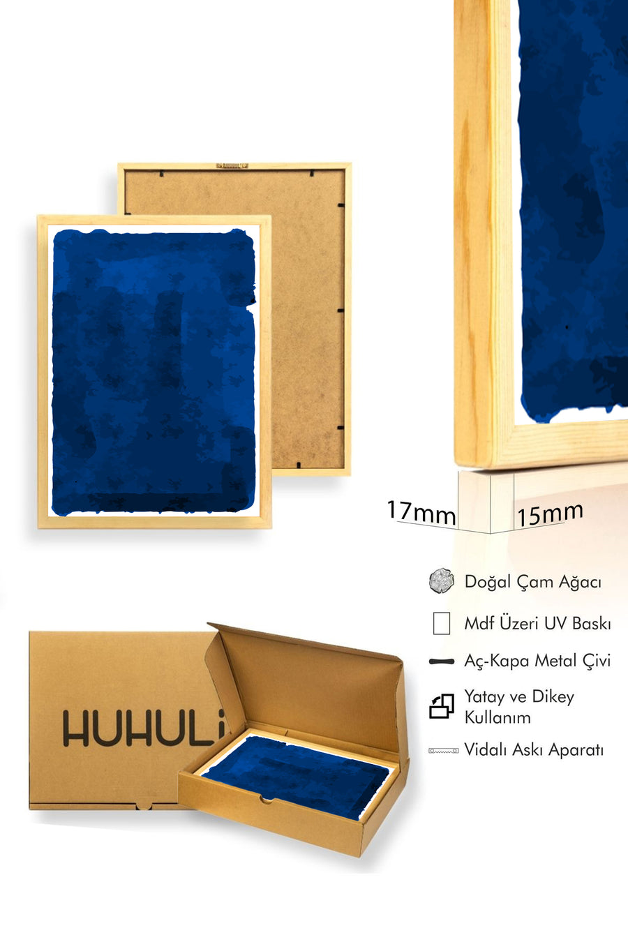 Doğal Ahşap Çerçeveli Soyut Mavi Desenli Tablo - Canlı Tonlar | huhu1393