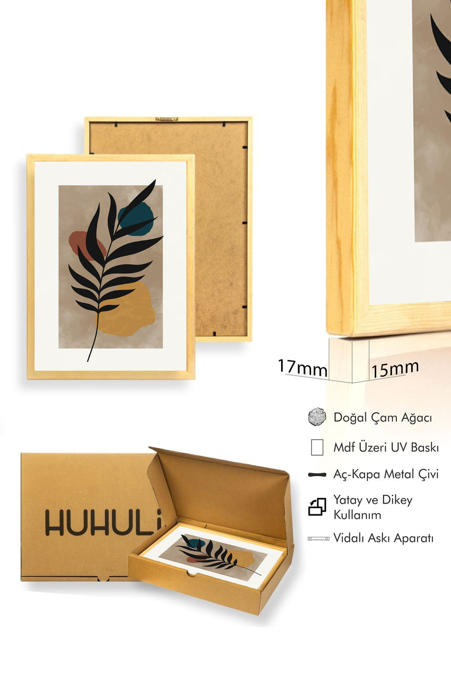 Doğal Ahşap Çerçeveli Minimal Yaprak Desenli Tablo - Canlı Tonlar | huhu1327