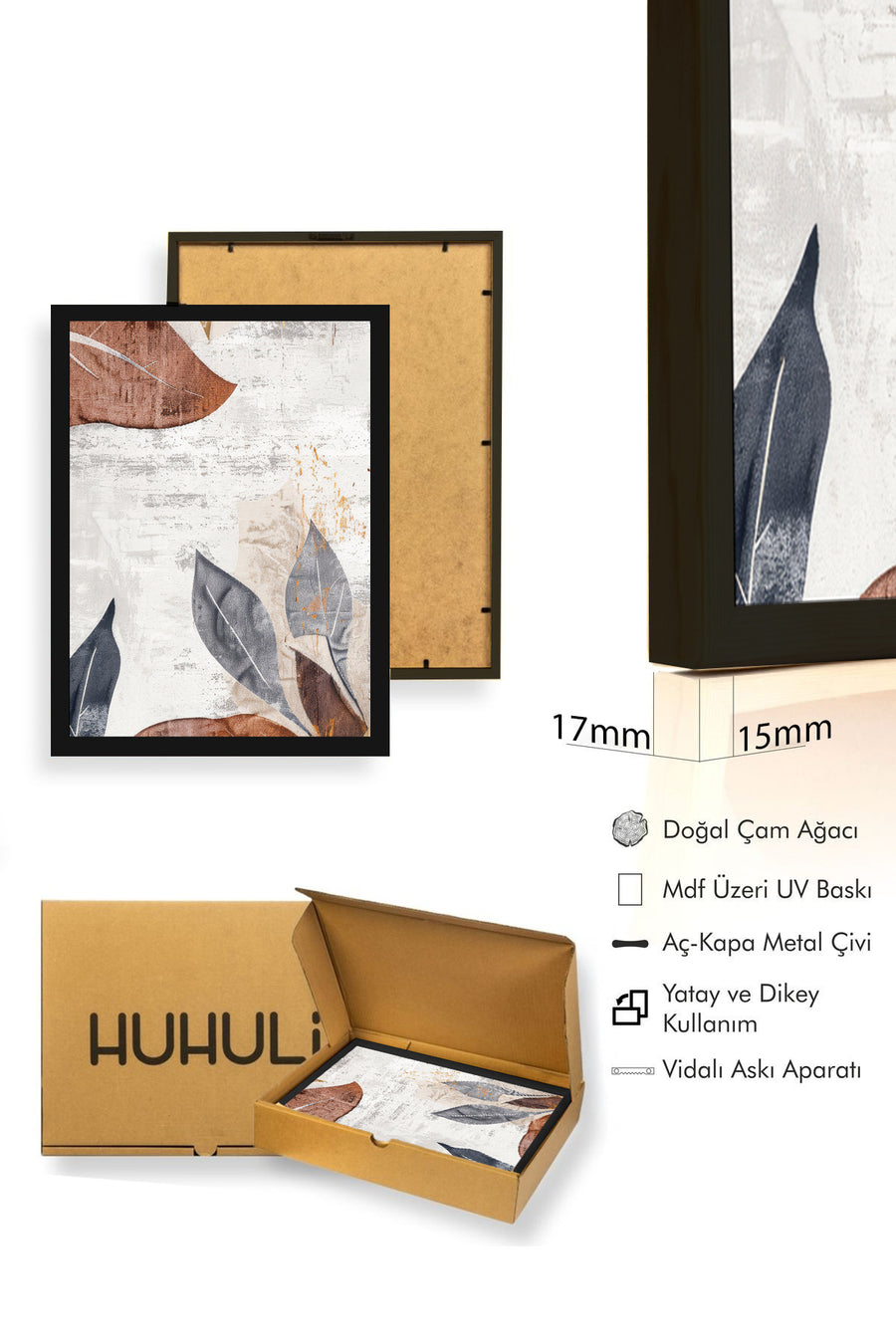 Doğal Ahşap Çerçeveli Yaprak Desenli Tablo - Pastel Tonlar | huhu1283