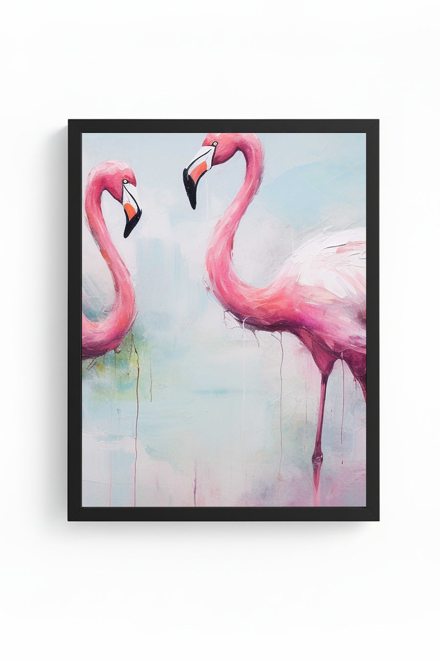 Doğal Ahşap Çerçeveli Flamingo Desenli Tablo - Pastel Tonlar | huhu1303