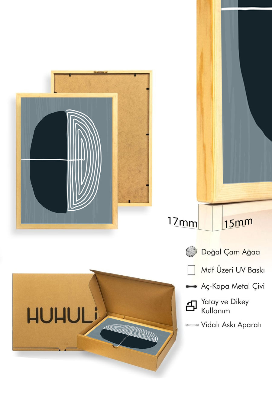 Doğal Ahşap Çerçeveli Minimal Geometrik Tablo - Soğuk Tonlar | huhu1036